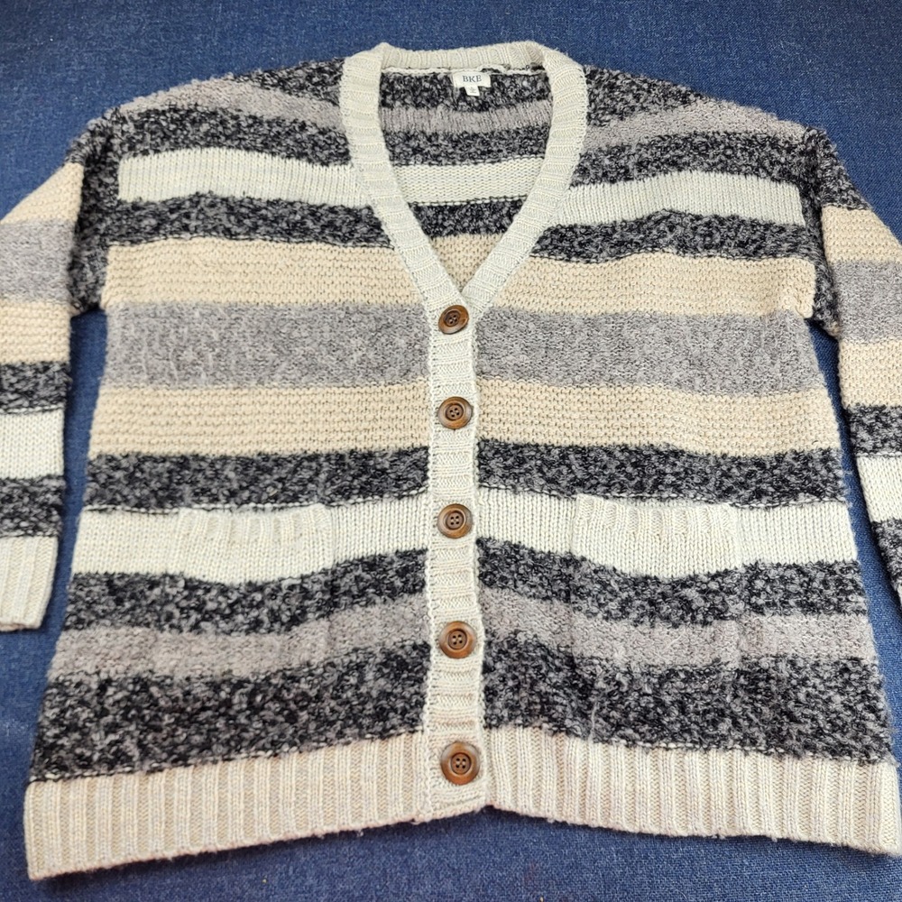 BKE Women L Striped Chunky Knit Cardigan Sweater Grey Cream V-Neck Button Front